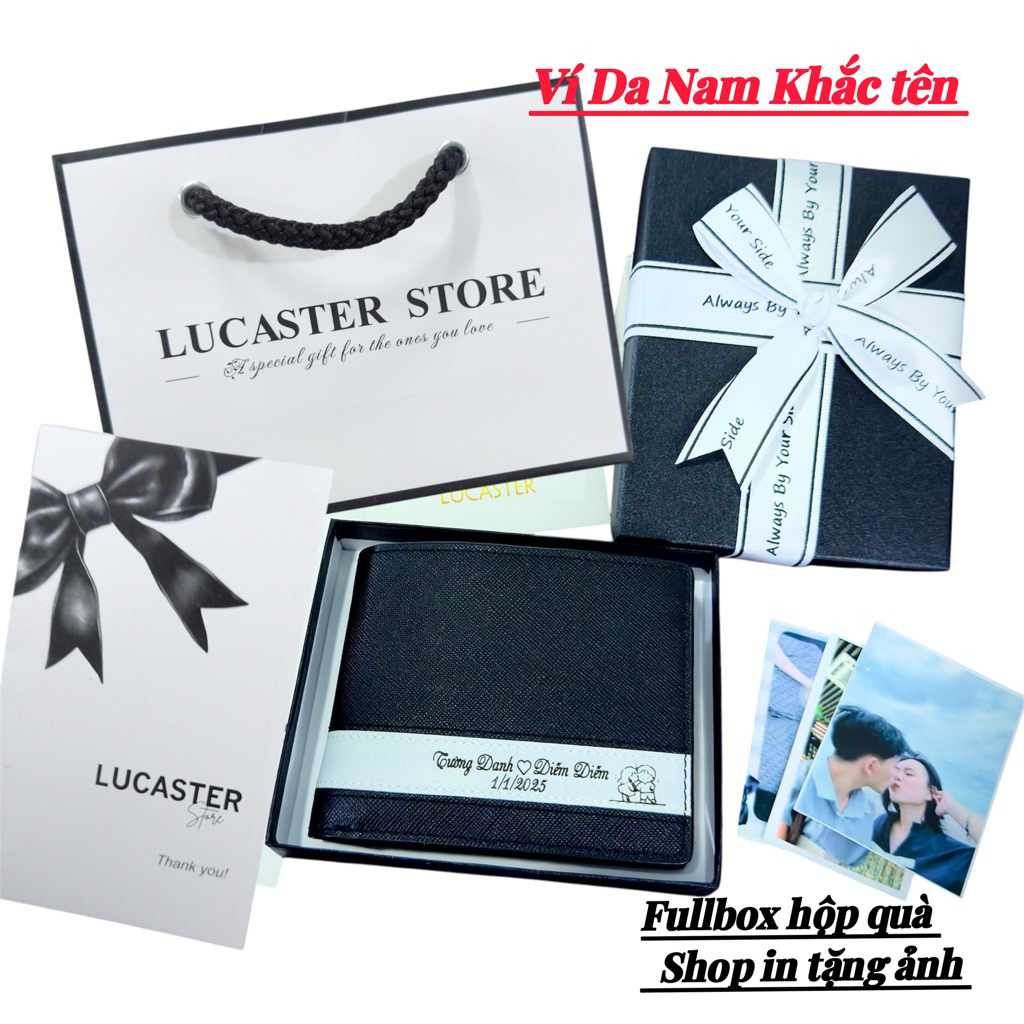 Ví Nam Khắc Tên Da Thật  Nhập Khẩu Lucaster _In Tặng Ảnh _ Full Box túi hộp Quà  Nơ Thiệp BH 12 Tháng
