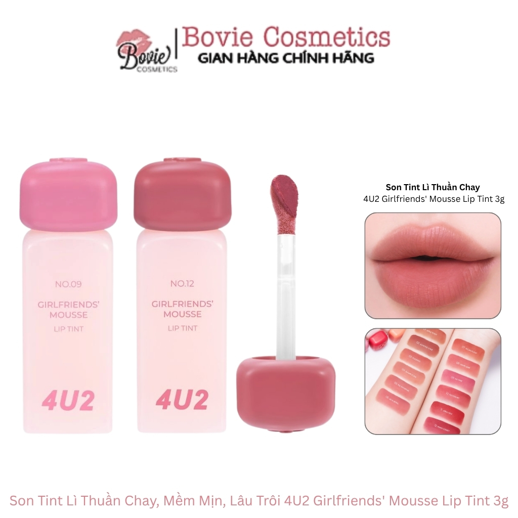 Son Tint Lì Thuần Chay, Mềm Mịn, Lâu Trôi 4U2 Girlfriends' Mousse Lip Tint 3g