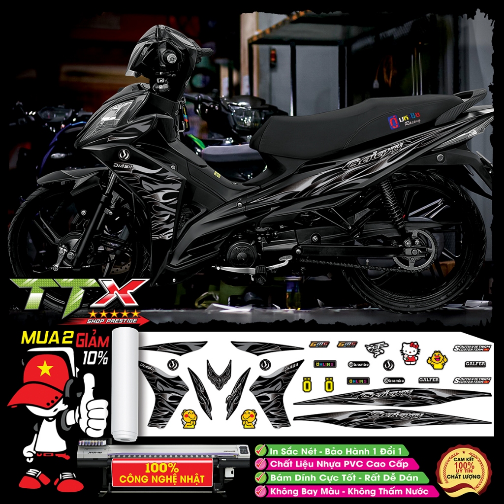 Tem xe Galaxy lửa v1 đen xám – Decal dán xe Galaxy 50–110cc zin, độ kiểng, in máy Nhật bền màu, chuẩ