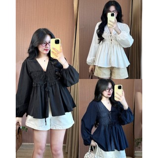  Áo babydoll tiểu thư cột nơ   2 LỚP - ẢNH THẬT   tay dài cổ V vải dệt hoa cột nơ phối cúc siu xinh 