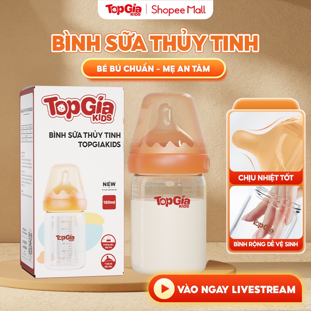 Bình sữa Topgiakids thủy tinh 180ml cao cấp núm ti silicone siêu mềm có van chống sặc giảm đầy hơi