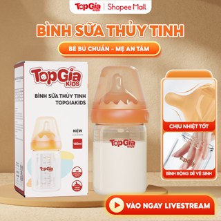 Bình sữa Topgiakids thủy tinh 180ml cao cấp núm ti silicone siêu mềm có van chống sặc giảm đầy hơi