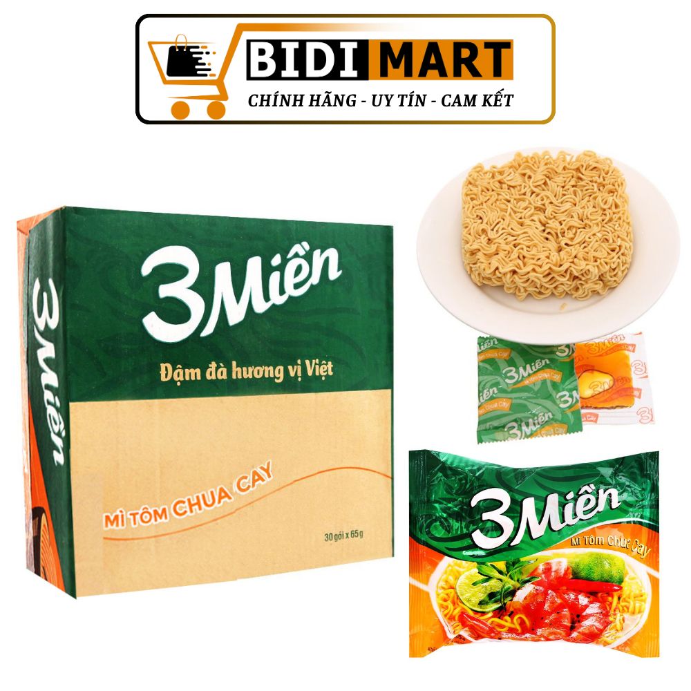 Thùng 30 gói mì 3 Miền tôm chua cay 65g - Mì tôm chua cay 3 Miền 30 gói.