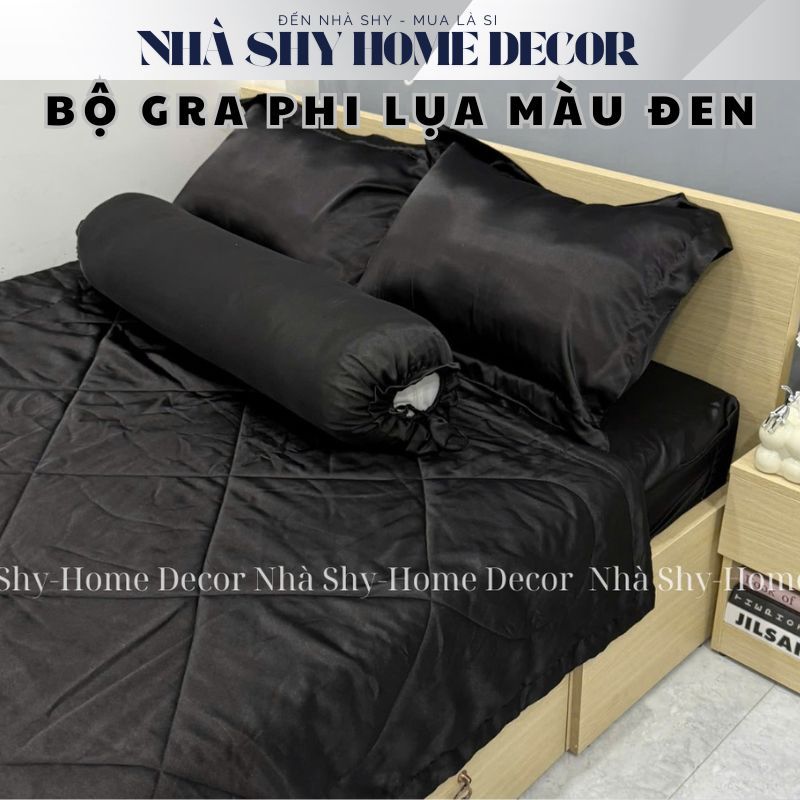 Trọn Bộ Drap Giường Phi Lụa Bóng Cao Cấp Màu Đen Đủ Size - Set 4 Món và 5 Món - Nhà Shy Home Decor