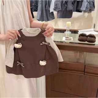   Kho Sỉ Anh Đức  Set đầm yếm kèm áo dài tay cotton 2 màu Hồng pastel và Nâu socola – Váy bé gái phong cách Hàn Quốc đín 