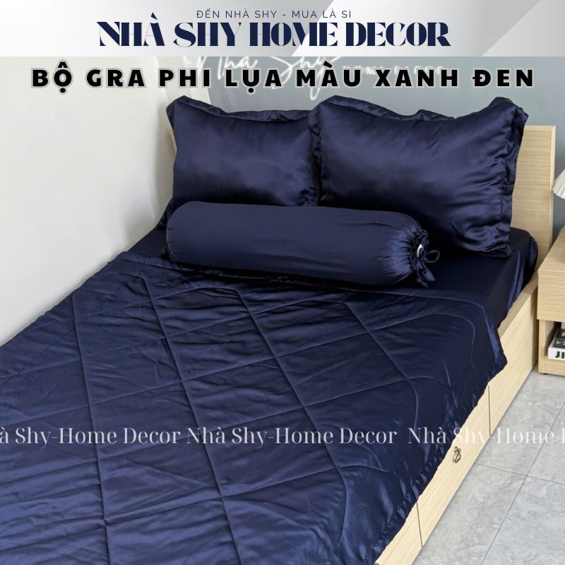 Trọn Bộ Drap Giường Phi Lụa Bóng Cao Cấp Màu Xanh Đen Đủ Size - Set 4 Món và 5 Món - Nhà Shy Home Decor