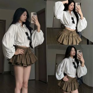  Set Áo Sơ Mi Croptop Tay Bồng Mix Chân Váy Dáng Xoè Tầng Kèm Dây Đai Phong Cách Tiểu Thư DG10 