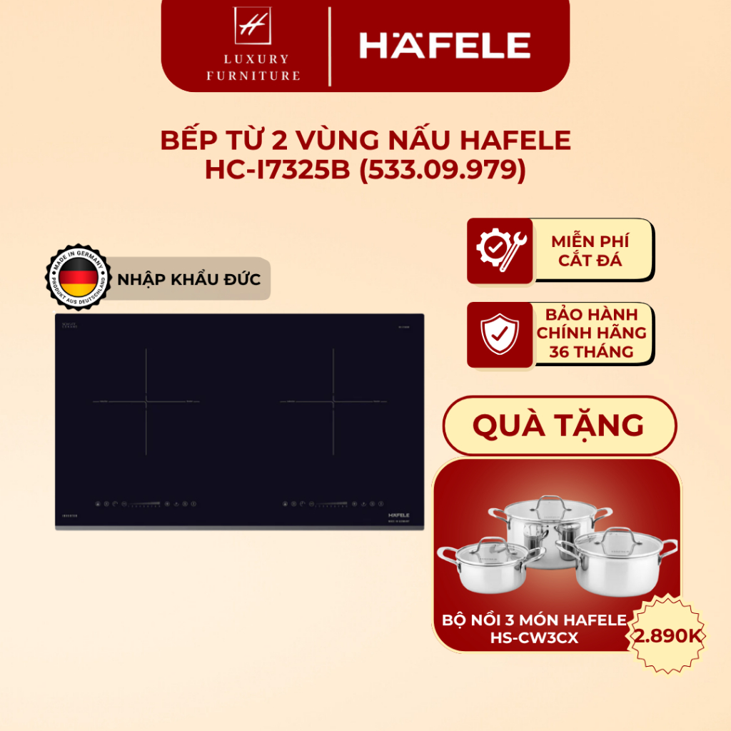 [Made in Germany] Bếp từ 2 vùng nấu Hafele HC-I7325B 533.09.979| BH chính hãng 36 tháng