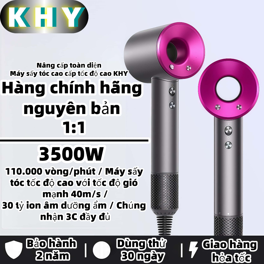 Máy Sấy Tóc KHY 3500W Chính Hãng, Gió Mạnh 40m/s, Ion Âm Dưỡng Ẩm, Bảo Hành 2 Năm