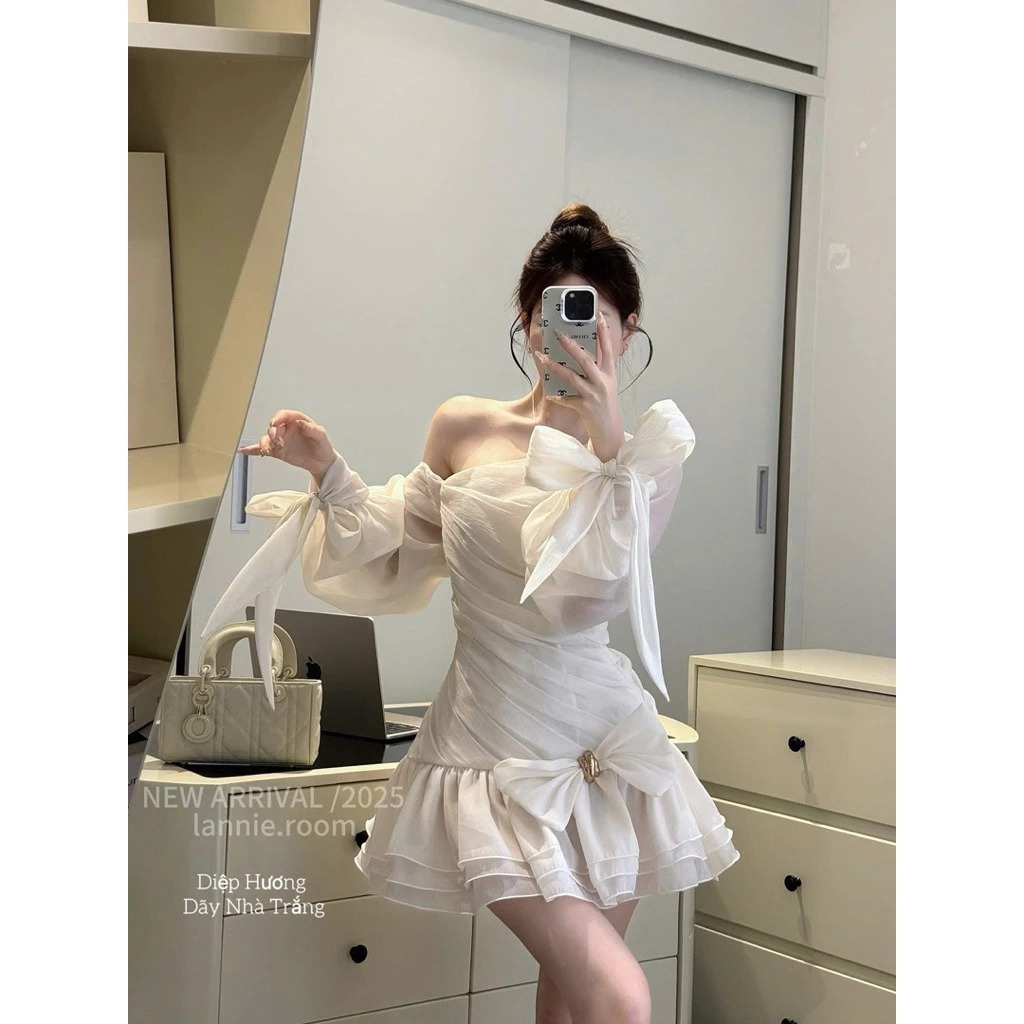 (Có Bigsize) Váy Thiết Kế Lệch Vai Tay Dài Phồng Đính Nơ Dự Tiệc Cao Cấp Kieupham.shop | BigBuy360 - bigbuy360.vn