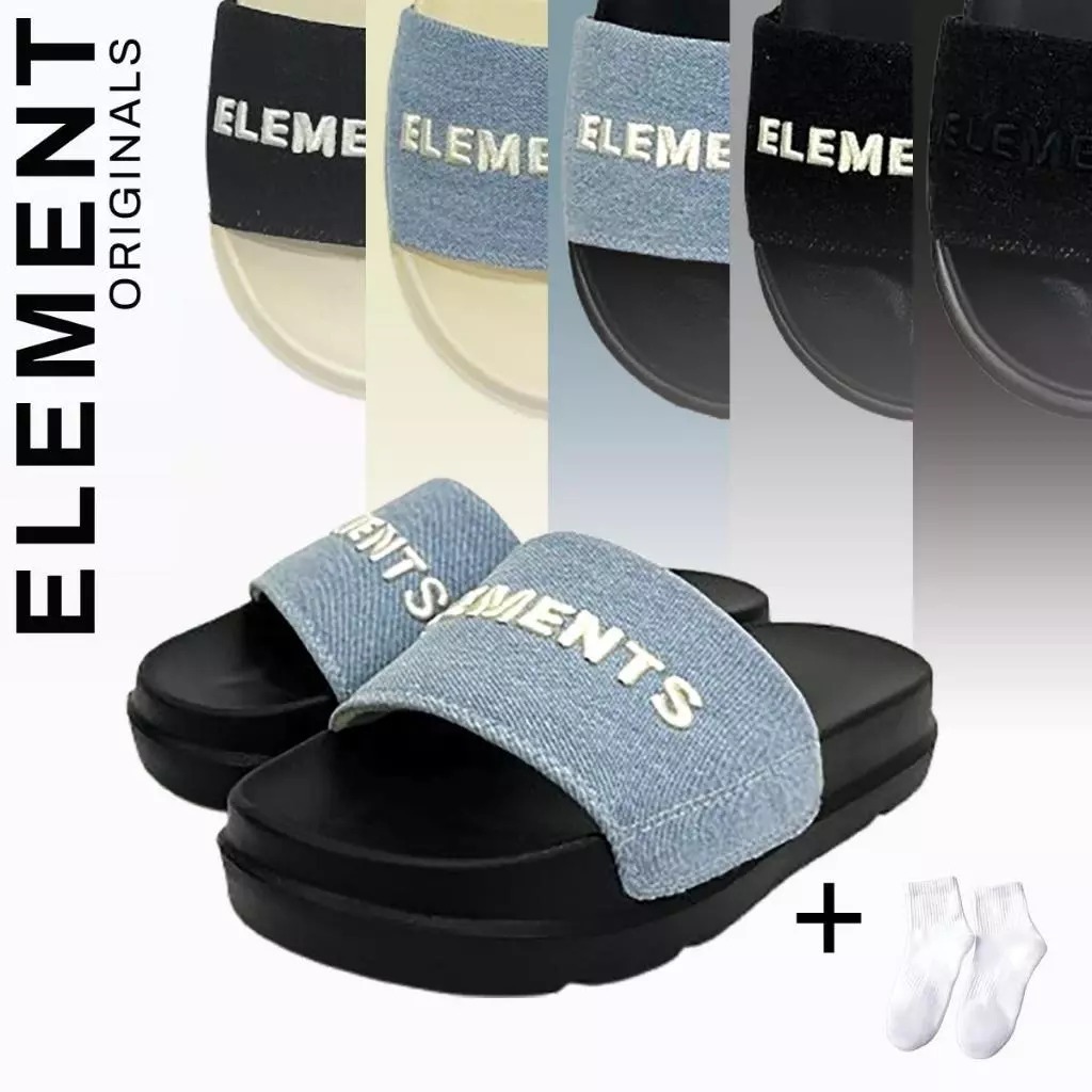 Dép  ELements Classic Denim unisex chữ thêu.Dép  ELements vải jean đế bằng nam nữ- ELements