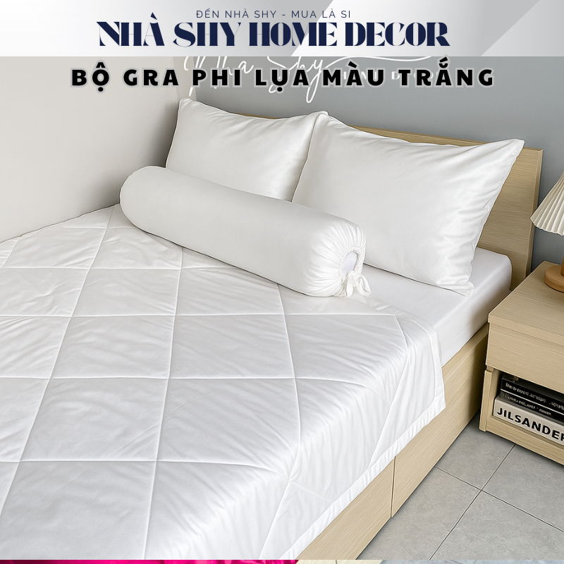 Trọn Bộ Drap Giường Phi Lụa Bóng Cao Cấp Màu Trắng Đủ Size - Set 4 Món và 5 Món - Nhà Shy Home Decor