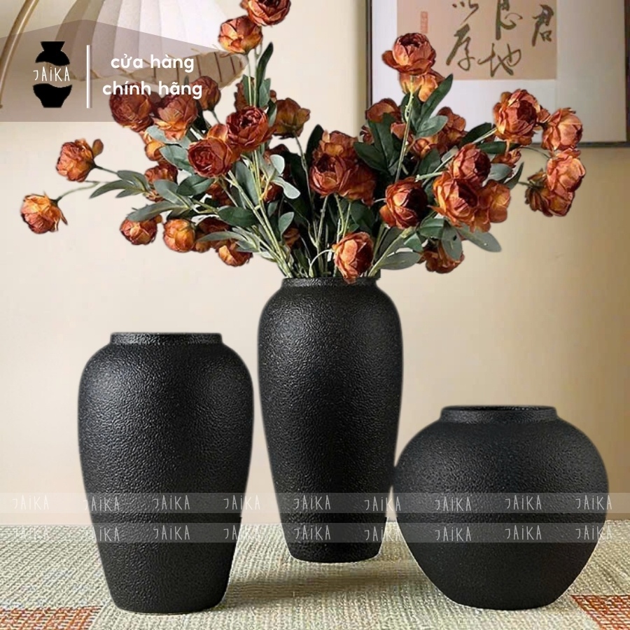Bình Hoa Gốm Đen Sủi Atlantic Chảy gốm Jaika Bát Tràng, lọ sứ cắm hoa tươi trang trí bàn