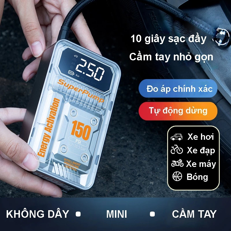 Bơm lốp xe hơi đa năng mini SUITU công suất 120W áp suất 150 PSI cầm tay không dây nhỏ gọn