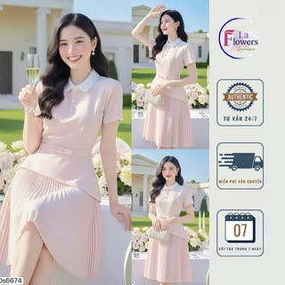  Đầm dự tiệc – công sở cổ polo hồng pastel dáng dài phối váy xếp ly sang trọng - DS6674 