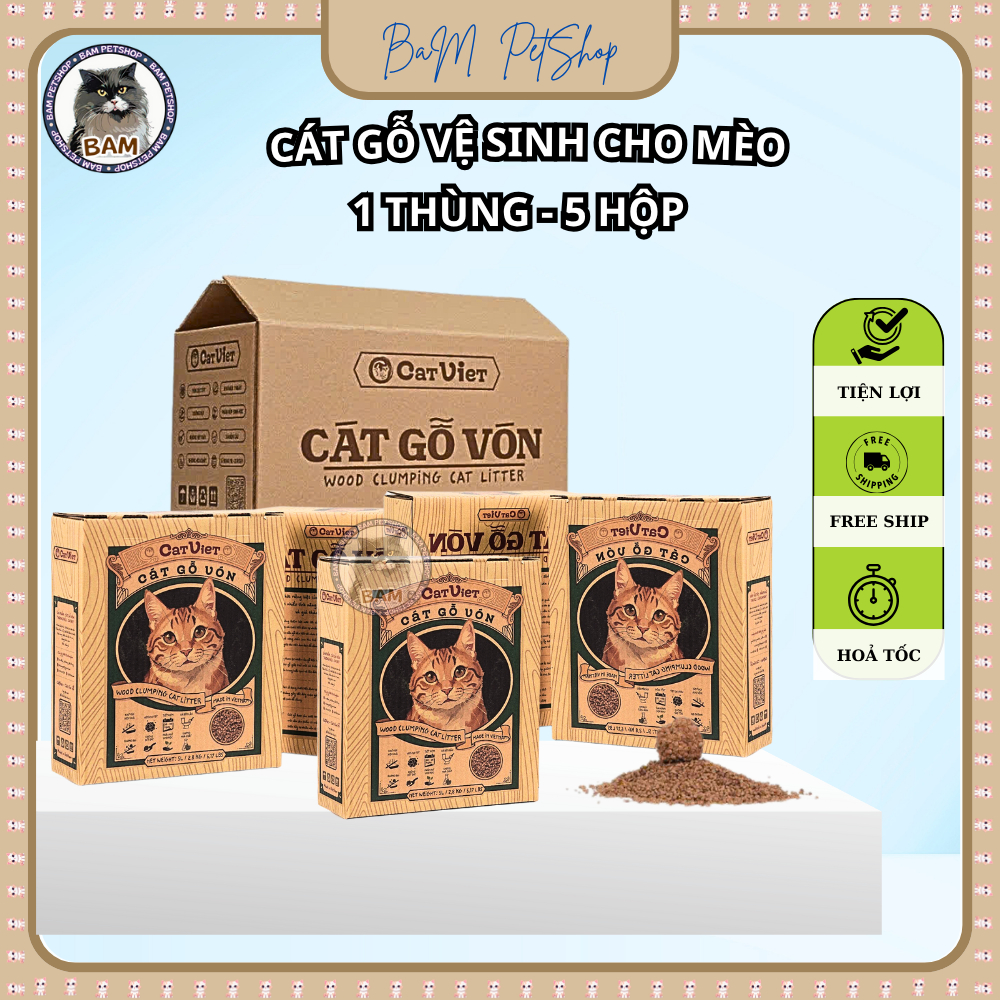 [COMBO THÙNG 5 HỘP] Cát gỗ vón CatViet túi 5L~2.7Kg Cát gỗ vệ sinh cho mèo vón cục nhanh khử mùi tốt