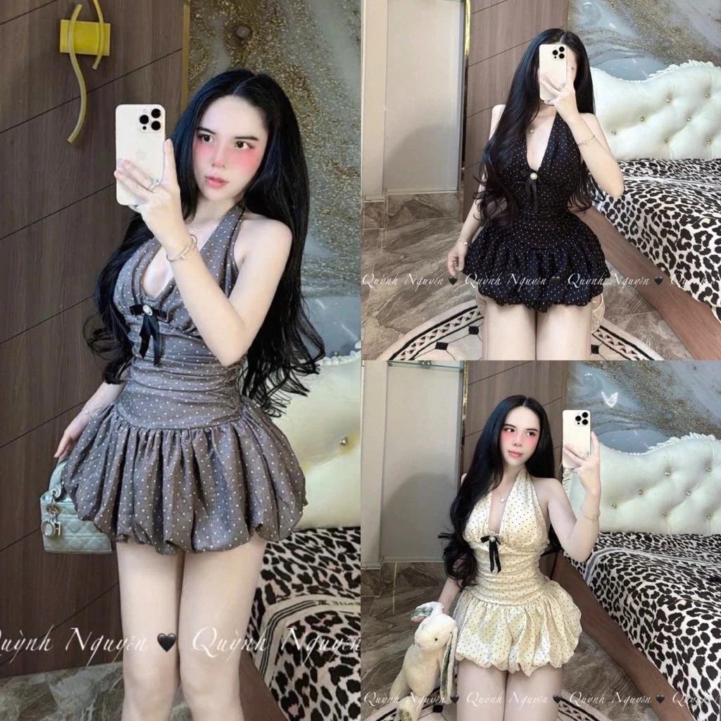 Váy Yếm Yona Chấm Bi Đính “Tag Nơ” Dáng Bí Ngắn Kieupham.shop