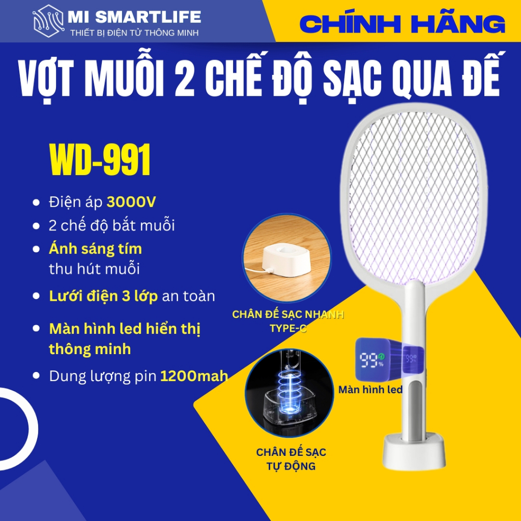 Vợt Muỗi Thông Minh 2 chế độ 991/ 959 kèm đèn tím (2 Chế độ: Thủ công/ Đèn bắt muỗi) có đế sạc tiện dụng WD991/959/834