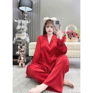 Bộ Ngủ Mặc Nhà PJZAMA Cổ Truyền Thống Tay phối Lông, Tay Dài Quần Dài Chất Lụa LaTin cao cấp