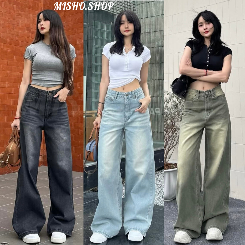 Quần Jean Nữ Wash Màu GRIND RETRO Ống Rộng Suông Cạp Cao Tôn Dáng, Quần Bò Nữ Ống Suông Rộng Wash Án