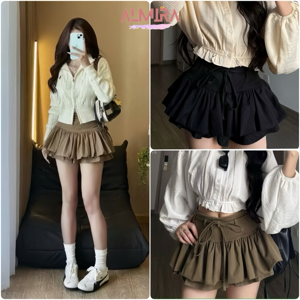 Chân Váy Dáng Ngắn Thô Xoè Bồng Đan Dây 2 Tầng Khoá Sườn Chun Lưng | BigBuy360 - bigbuy360.vn