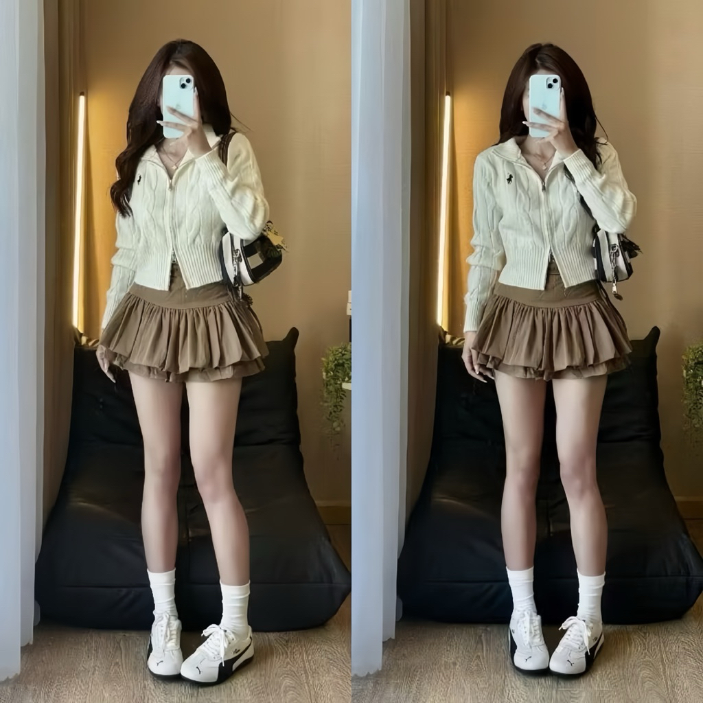 Chân Váy Dáng Ngắn Thô Xoè Bồng Đan Dây 2 Tầng Khoá Sườn Chun Lưng | BigBuy360 - bigbuy360.vn