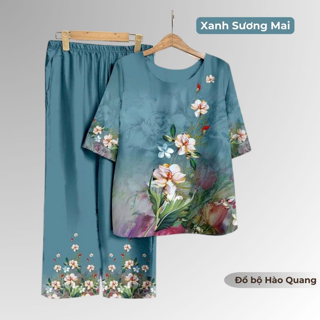 Đồ bộ trung niên cho mẹ, cho bà, Lụa Vân Gỗ Hào Quang in hoa, mặc nhà, đi chơi, đồ ngủ, nhẹ Xanh SM