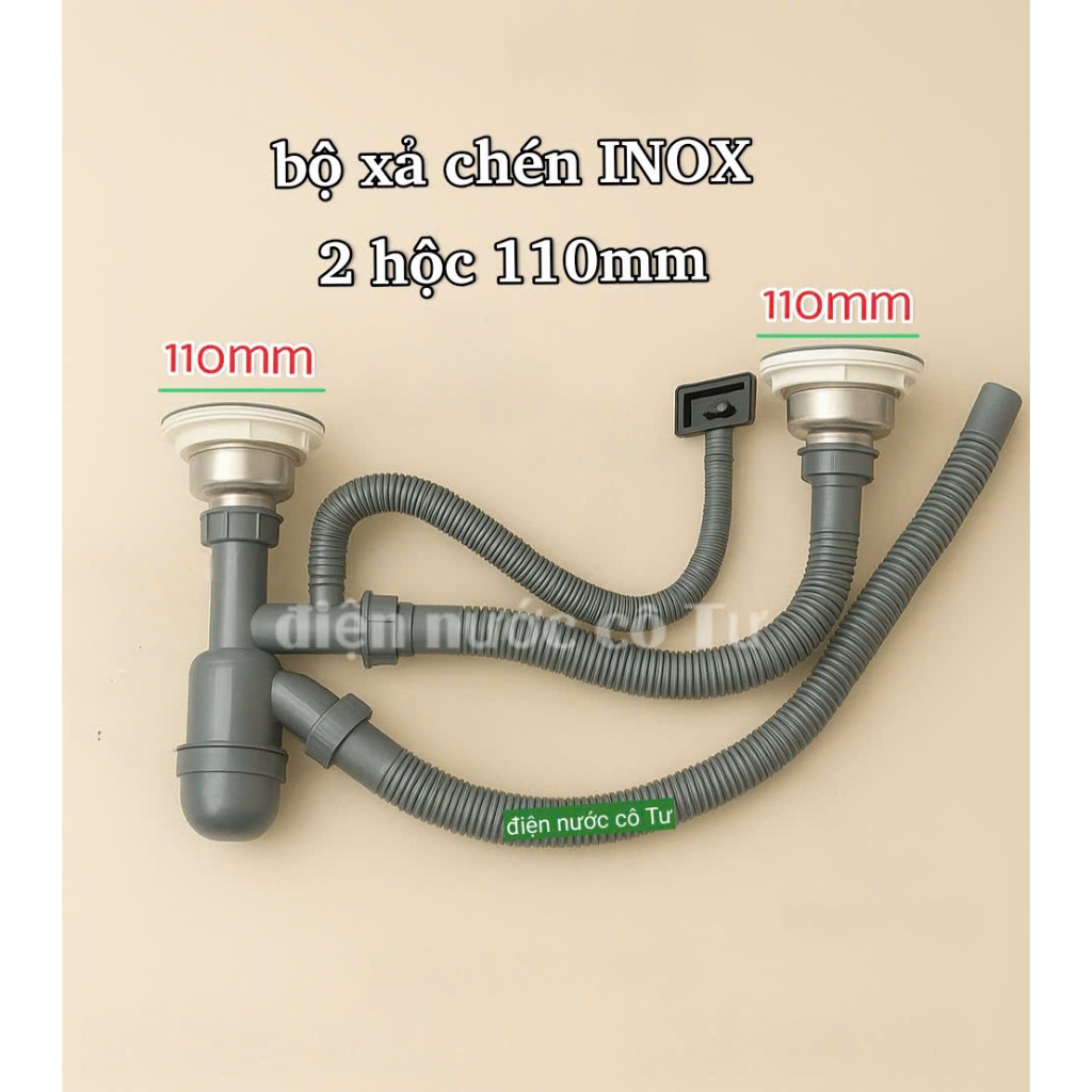 Bộ xả chậu rửa chén đôi 304 bộ xả chậu chén 2 hộc phi 110mm