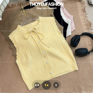  Áo gile len nữ Tiểu Thư cài cúc ngọc trai buộc nơ cổ dễ thương Hàn Quốc M570 