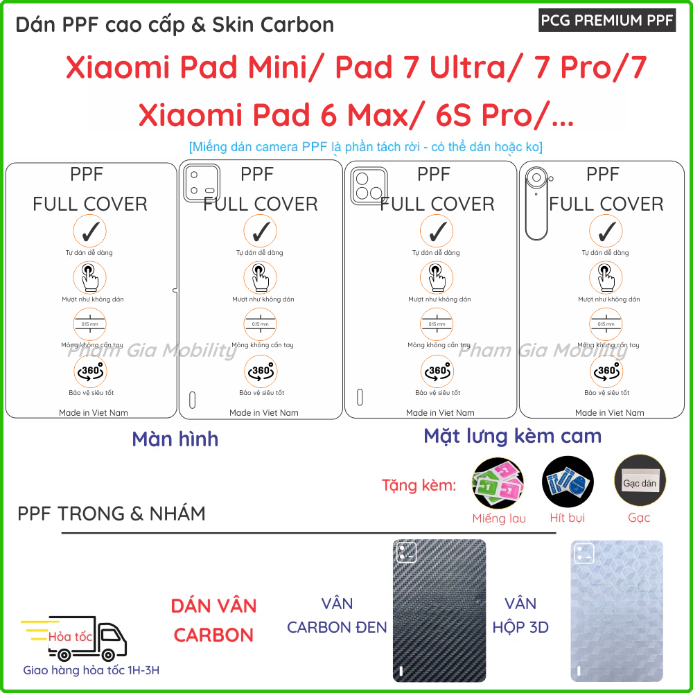Dán PPF & Skin Carbon cho Xiaomi Pad Mini Mi K Pad 8 7 7s Pad7 Ultra/ 6 6S Pro Max cho màn hình, mặt