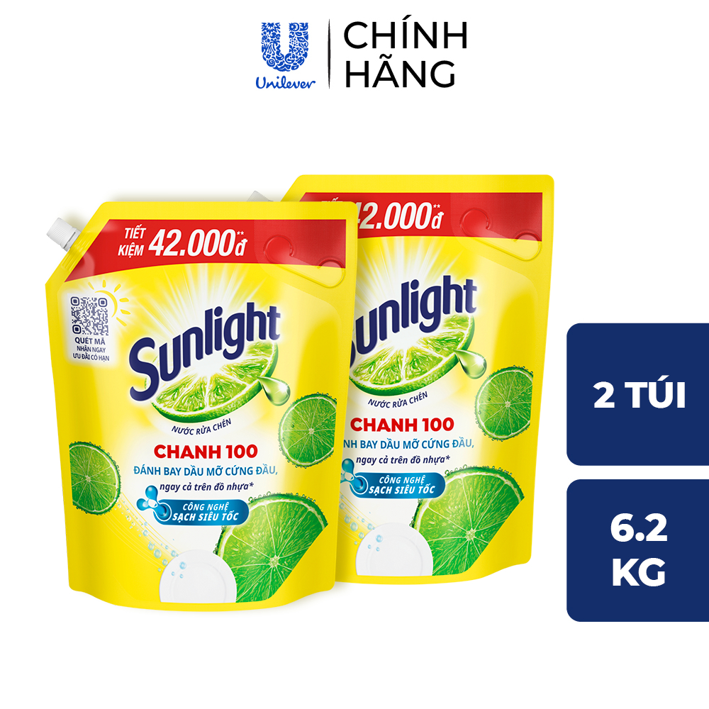 COMBO 2 Nước Rửa Chén Bát Sunlight Chanh 100 Sạch Dầu Mỡ Đồ Nhựa Túi 4x3.1Kg