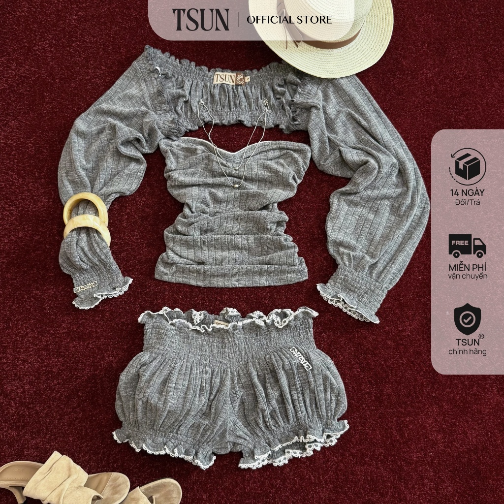 TSUN - Fiona Set Quần Áo Len Gân Nữ Body Xám Gợi Cảm Cá Tính | BigBuy360 - bigbuy360.vn