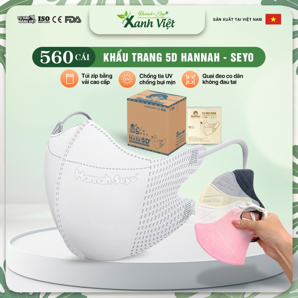 Thùng 560/500 chiếc khẩu trang 5D Hannah Seyo 3 lớp kháng khuẩn lọc bụi mịn chống nắng ngừa tia UV