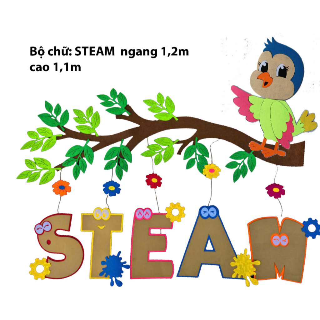Góc trang trí chữ steam đen hình con chim trang trí lớp học cho bé