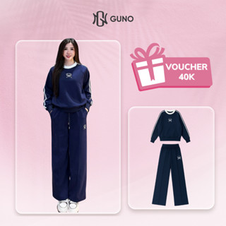  Bộ quần áo nỉ thu đông nữ GUNO thêu nơ phối 2 sọc tay kèm quần suông hack dáng SP5 25BG164 