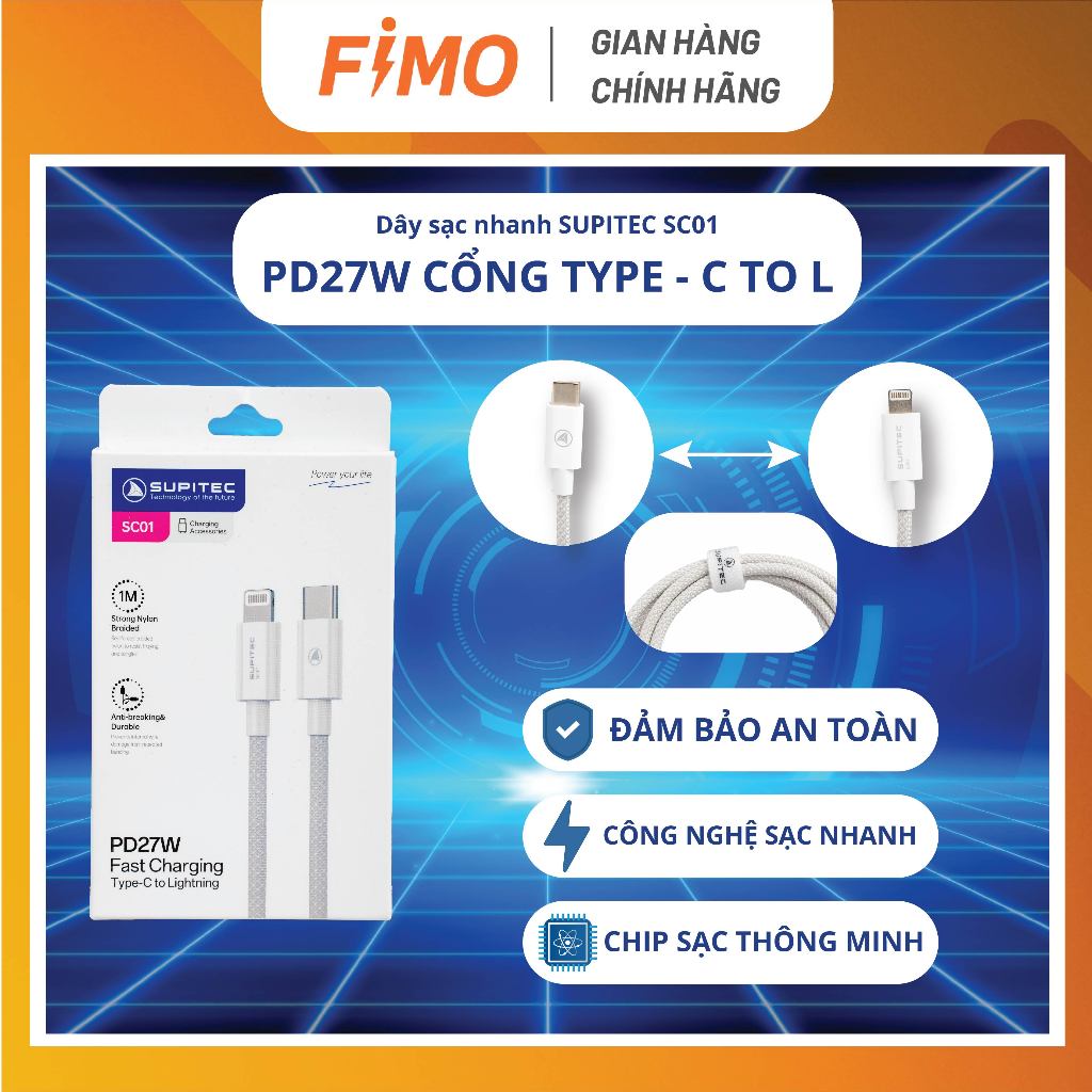 Dây Sạc Nhanh Chuẩn PD 27W SUPITEC SC01 Cổng Type-C To L – Dây Dài 1M | Sạc Chính Hãng FIMO