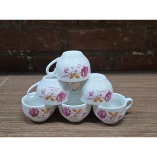Combo ly trà, tách trà có quai, hoa hồng đỏ, hàng bình dân, miệng 6cm, cao 4cm, dung tích 55ml