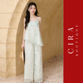 Cira Boutique Set Áo Hai Dây Vạt Xéo Đính Hoa + Quần Suông Dáng Dài Sang Trọng Nữ Tính D1157