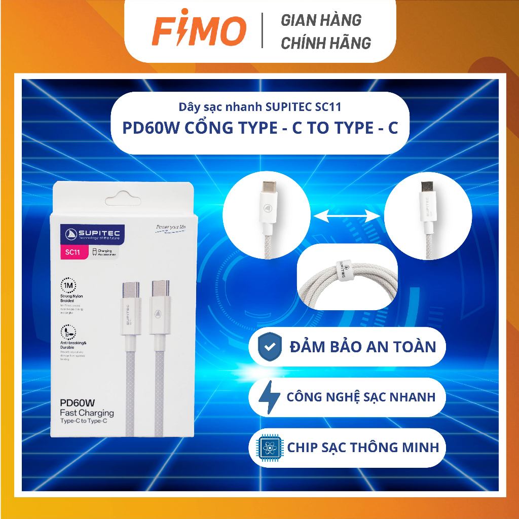 [Hỏa Tốc] Dây Sạc Nhanh Chuẩn PD 60W Supitec SC11 Cổng Type-C To Type-C | Dây Sạc Chính Hãng FIMO
