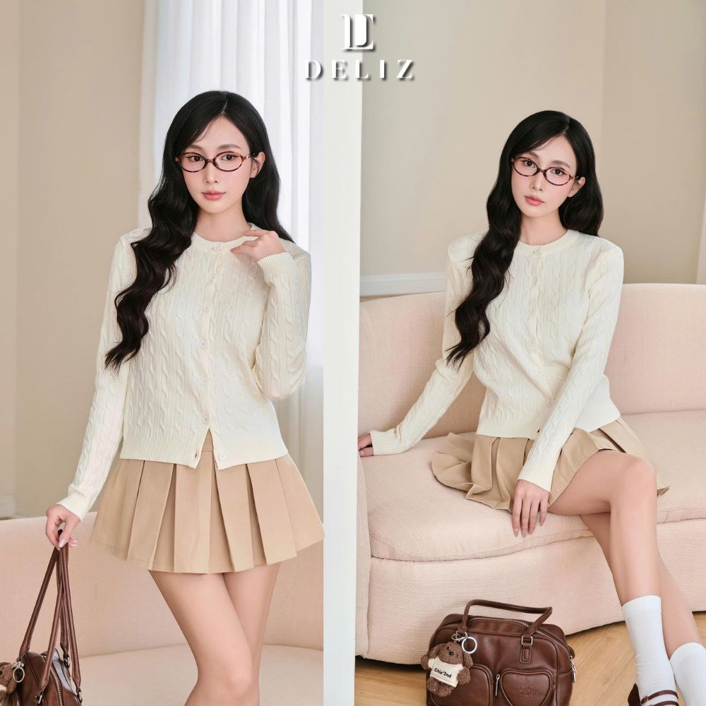 DELIZ - Áo cardigan dài tay cổ tròn phối cúc len lông thỏ vặn thừng basic CD101 BE