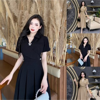 CE20 - Váy Thiết Kế Evii dành cho nữ, Đầm thiết kế cổ bẻ V, vạt chéo trước ngực cách điệu (tặng kèm tag cài) dáng A dài