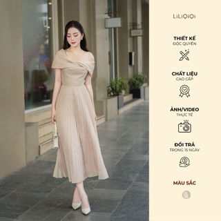Váy Đi Tiệc Xếp Ly Dáng Dài Chéo Vai LiLiQiQi By LeeGi Đầm Tiệc Chất Tơ Nến Mềm Mượt - Min604