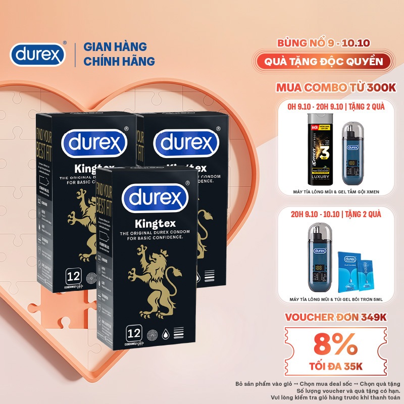 Bộ 3 Durex Kingtex, ôm sát, bôi trơn size 49mm, hộp 12 bao