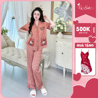  Bộ nữ tay ngắn quần dài Vy Linh chất liệu lụa latin cổ Y thoáng mát thấm hút mồ hôi tốt bề mặt vải mịn S1080 caro 