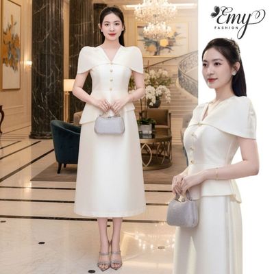 Đầm Dự Tiệc EMY EM4035 Vải Tafta Ánh Kim Trắng Kem Cổ Vest Cánh Tiên Dáng Dài Xếp Tầng Sang Trọng