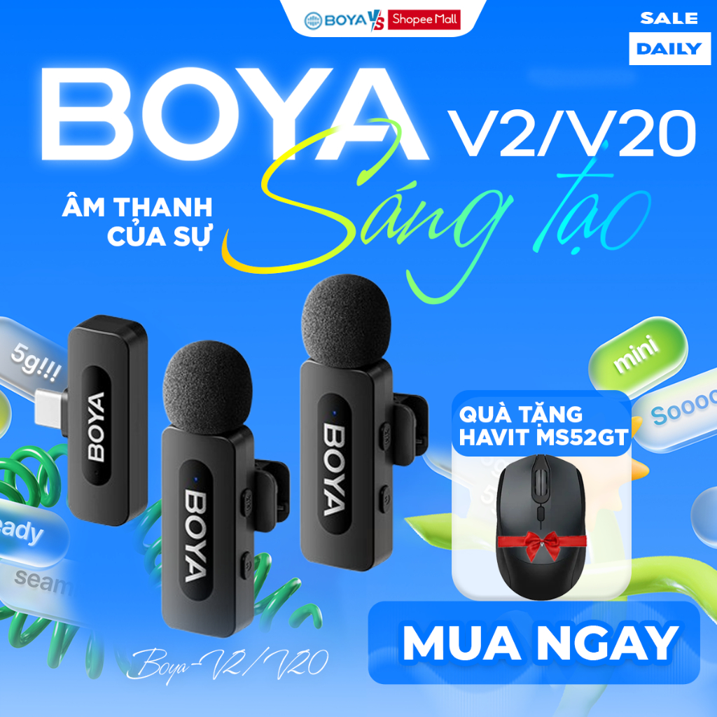 Micro Thu Âm Không Dây Boya BY-V20 V2.0 | Khử Ồn | Phạm vi 100m | 9H Mic Cài Áo Cho iPhone Android Livestream Quay Video