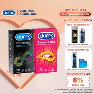 Bộ 1 hộp Durex Performa kéo dài thời gian size 52mm và 1 hộp Durex Pleasuremax gân gai size56mm, 12bao