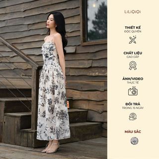  Váy voan cúp ngực họa tiết đen be dáng dài nhún eo tiểu thư sang chảnh LiLiQiQi by LeeGi - DD843 
