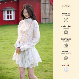 Set váy tơ họa tiết dáng ngắn tùng xòe tay dài nữ thiết kế tiểu thư đi chơi LiLiQiQi by LeeGi- VN993