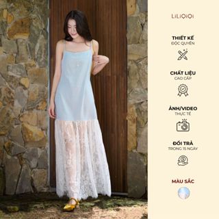 Váy hai dây linen nữ dáng dài tùng xoè phối chân ren phong cách tiểu thư LiLiQiQi by LeeGi - DD976
